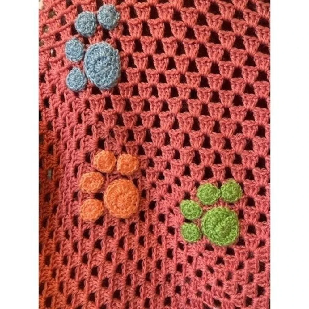 Handmade Crochet Paw Print Baby Blanket Pink White Pastel Granny Square Throw